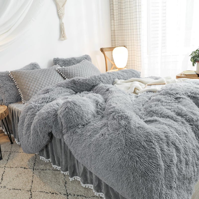 HAIHUA Furry Gray Comforter Cover Queen Set, Soft Fuzzy Faux Fur Gray Bedding Queen Set 3 Pieces (1 Fluffy Duvet Cover + 2 Plush Pillow Cases) Shaggy Bed Set, Zipper Closure - Image 5
